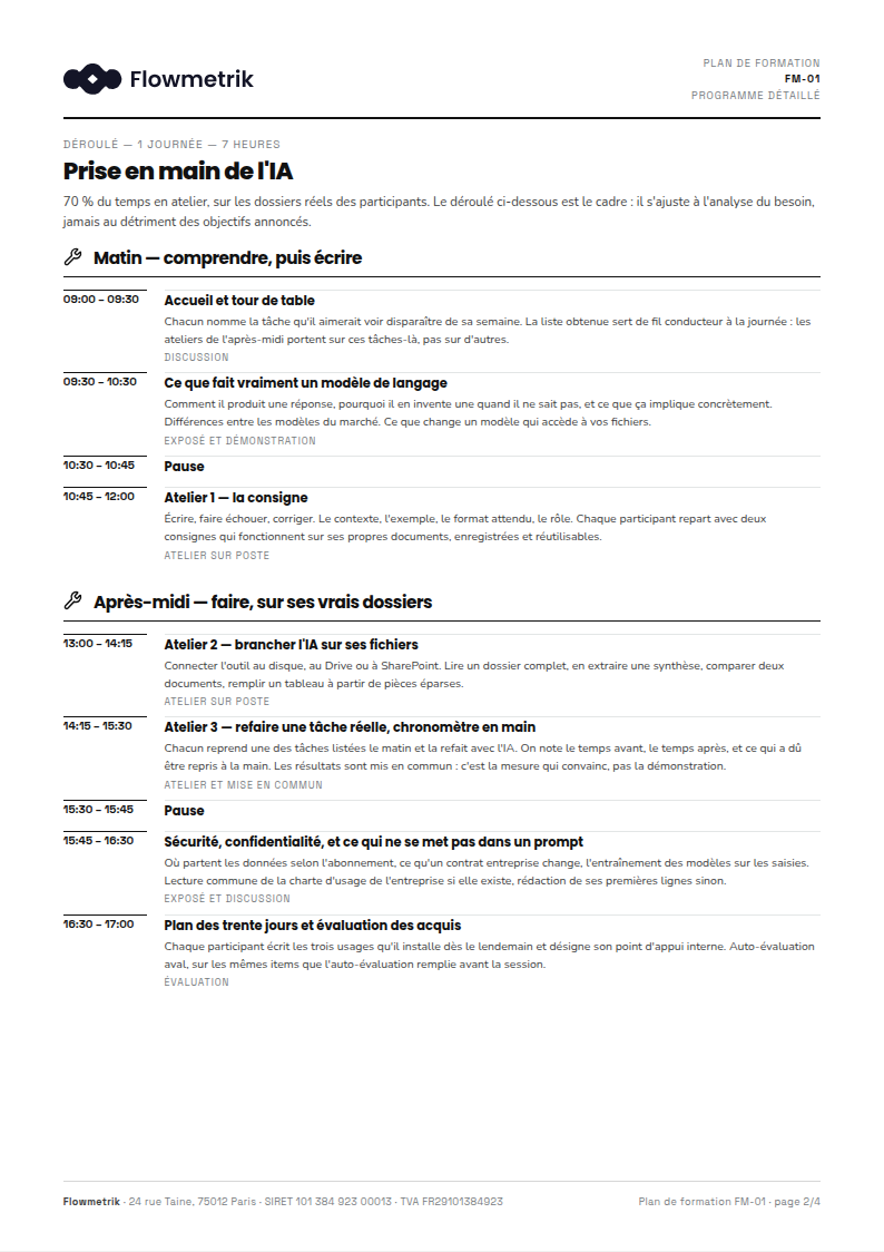 Page de déroulé d’un plan de formation, séquence par séquence.